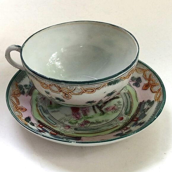 Antique Eggshell Thin Porcelain Hand-painted Geisha Japan 2 Cups with Saucers - Picture 13 of 16